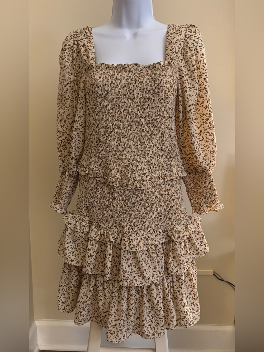 Smocked Square Neck Long Sleeve Midi Dress in Cream Floral